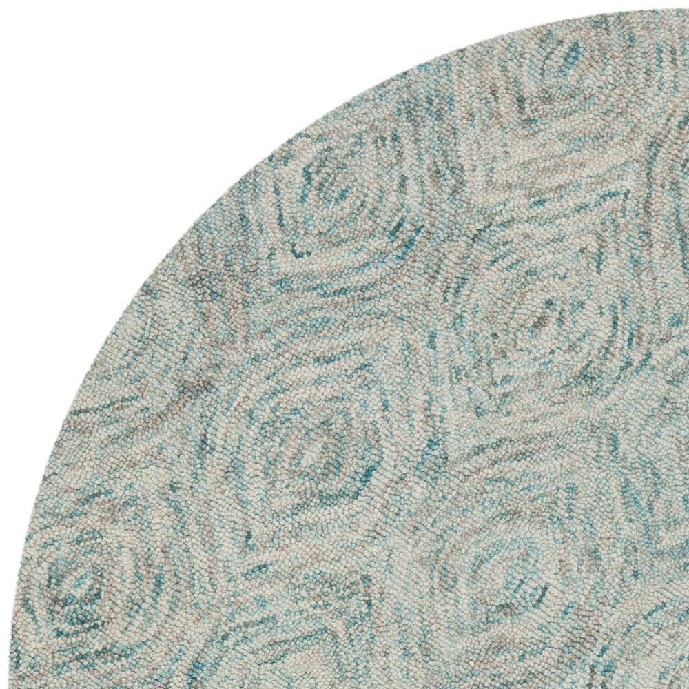 Ivory and Sea Blue Round Wool Geometric Area Rug, 6 ft.