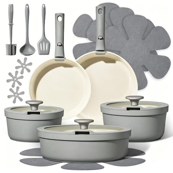 20-Piece Gray Ceramic Cookware Set with Detachable Handles, Pots and Pans Set, Induction and Dishwasher Safe, Non-toxic