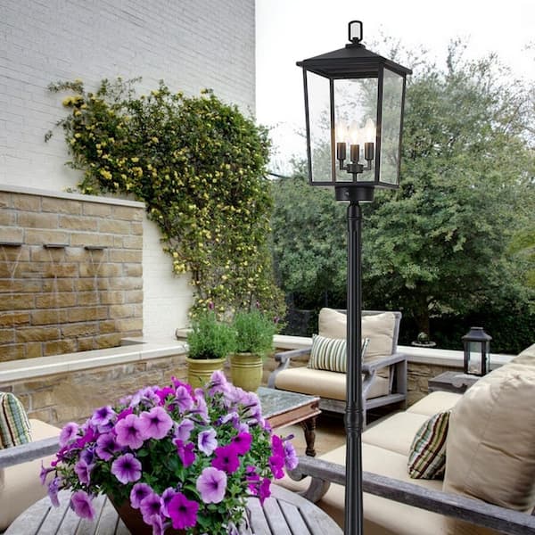 97"H 3-Light Outdoor Matte Black Aluminum Weather Resistant Post Light Set with Dusk to Dawn and No Bulbs Included
