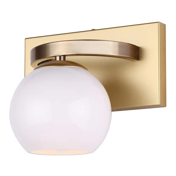 Monroe 8.25 in. 1-Light Gold Vanity Light with White Glass Shade, No Bulbs Included for Bathrooms