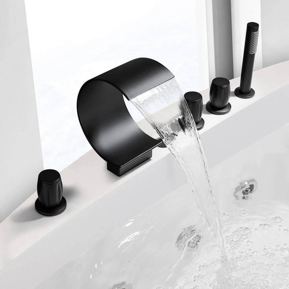 Matte Black Triple Handle Deck-Mount Roman Tub Faucet