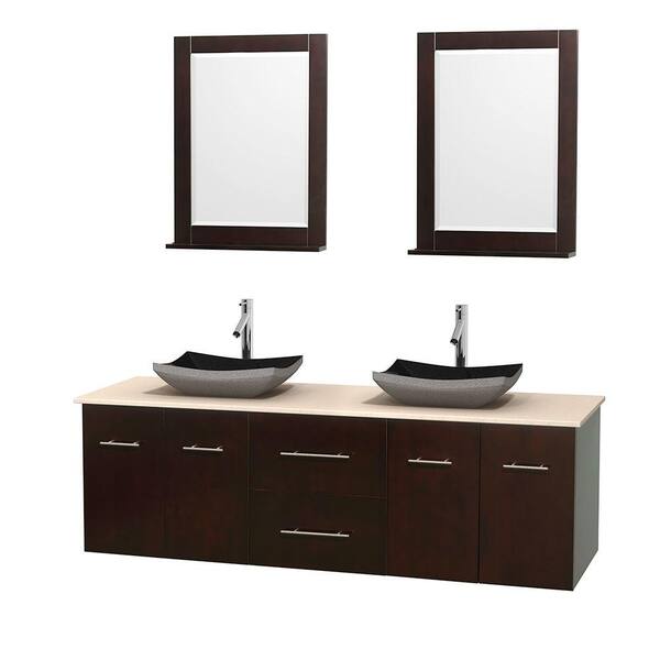 Wyndham Collection Centra 72 in. Double Vanity in Espresso with Marble Vanity Top in Ivory, Black Granite Sinks and 24 in. Mirrors