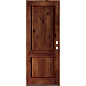 32 in. x 96 in. Rustic Knotty Alder Square Top Red Chestnut Stain Left-Hand Inswing Wood Single Prehung Front Door