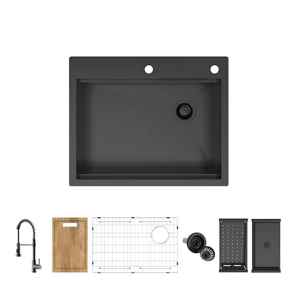 Glacier Bay 27 in. Drop-In Single Bowl 18-Gauge Black Stainless Steel Workstation Kitchen Sink with Waterfall and Pull-Down Faucet