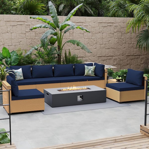 PATIOGUARDER 8-Piece Rattan Patio Conversation Set with Cushions and 56 in. Outdoor Rectangle Fire Pit Table, Navy Blue Cushions