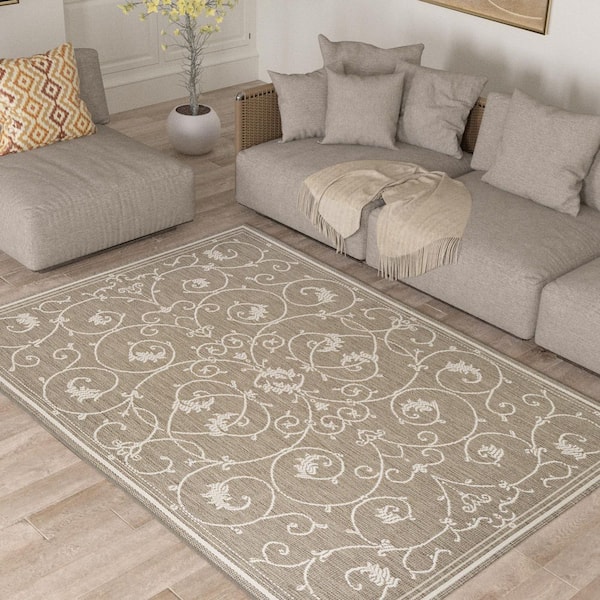 Recife Veranda Ivory-Taupe 8 ft. x 8 ft. Flatwoven Floral Round Indoor/Outdoor Area Rug