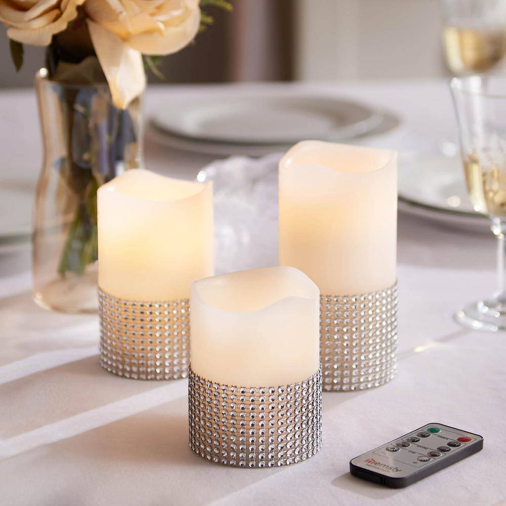 White, Silver Diamond Deco Glitzy Gem Melted Top LED Candles (Set of 3)