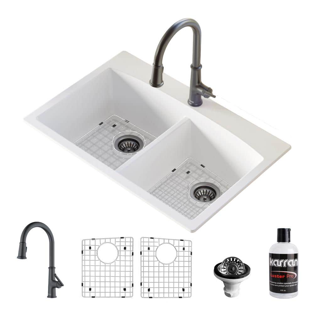 Karran QT- 710 qt. 33 in. 50/50 Double Bowl Drop-In Kitchen Sink in White with Faucet in Gunmetal Grey -  QT710WHKKF330GG
