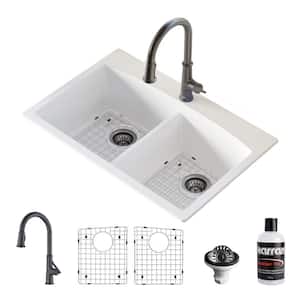 QT- 710 qt. 33 in. 50/50 Double Bowl Drop-In Kitchen Sink in White with Faucet in Gunmetal Grey