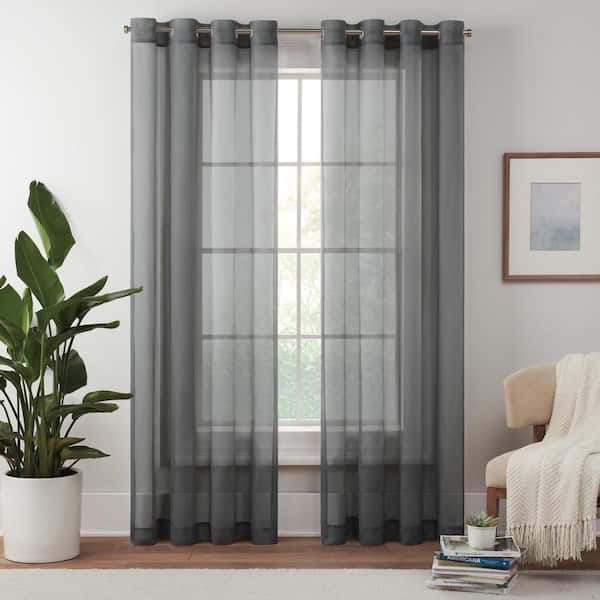 Eclipse Livia Grey Solid Polyester 54 in. W x 95 in. L Sheer Grommet Curtain