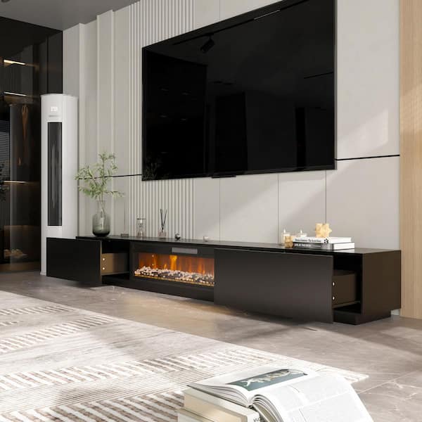 109.4 in. W Freestanding Electric Fireplace TV Stand Media Console in Black Remote Control, Fits TV up to 120 in.