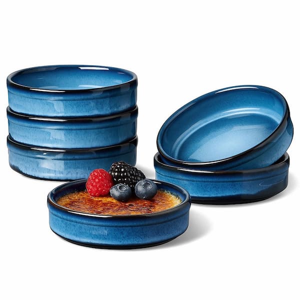 6 Piece Shallow Round Ceramic Ramekin Set Oven Safe Blue Glazed Porcelain Baking Dishes for Creme Brulee Custard