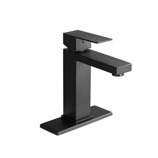 Pdpbath Single Handle Single Hole Bathroom Faucet with Deckplate Included and Drain Assembly in Matte Black