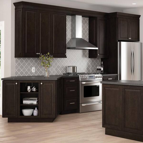 Hampton Bay Designer Series Gretna Assembled 36x24x12 In Wall Bridge Kitchen Cabinet In Espresso W3624 Gres The Home Depot