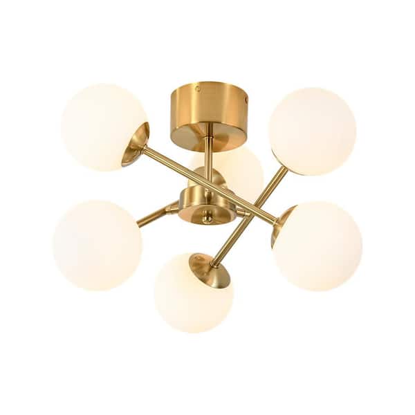 Ceder 6-Light 17.7 in. W Brass Semi-Flush Mount Modern Sputnik Ceiling Light with Frosted Opal Glass for Foyer