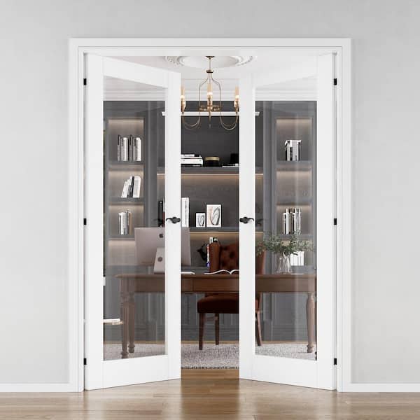 56 in. x 80 in. 1-Lite Clear Glass Universal White Solid Core MDF Double Prehung French Door with Quick Assemble Jamb