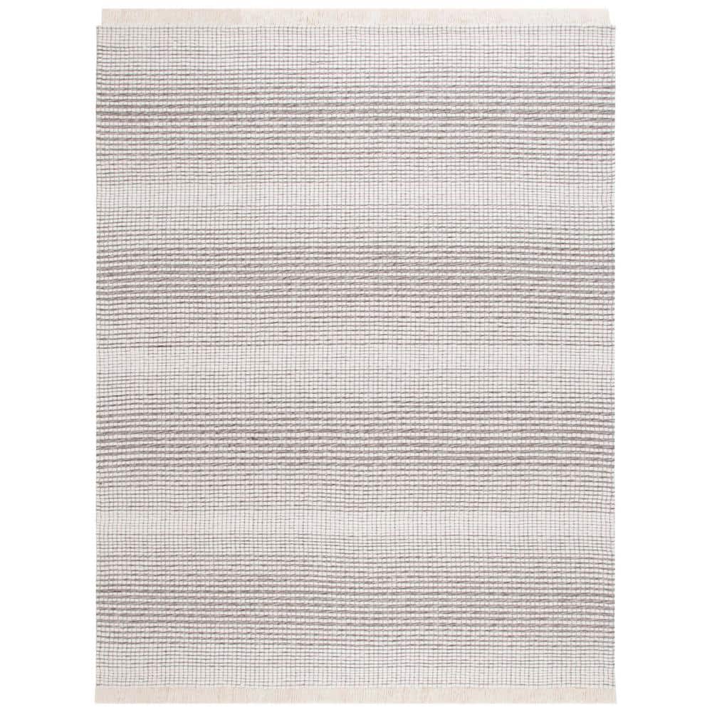 Ivory and Dark Brown Handwoven Wool 8' x 10' Area Rug