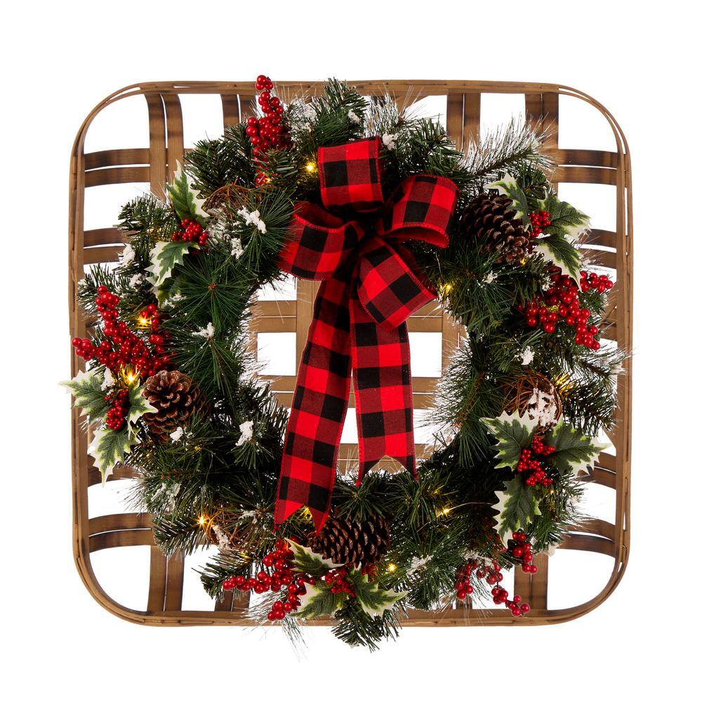 Glitzhome 6.30 in. Wooden Window Frame with LED Pre-Lit Pinecone