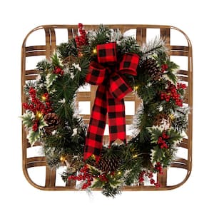 6.30 in. Wooden Window Frame with LED Pre-Lit Pinecone and Ornament Wreath