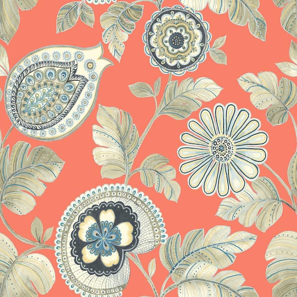 Seabrook Designs Calypso Paisley Leaf Coral and Aloe Botanical Paper Strippable Roll (Covers 60.75 sq. ft.)