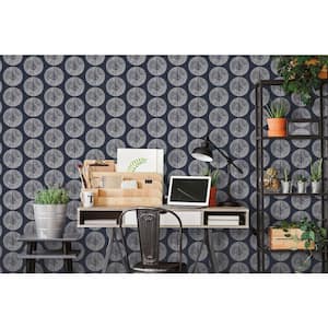 Bazaar Collection Navy/White Soleil Motif Design Non-WOven Paper Non-Pasted Wallpaper Roll (Covers 57 sq. ft.)