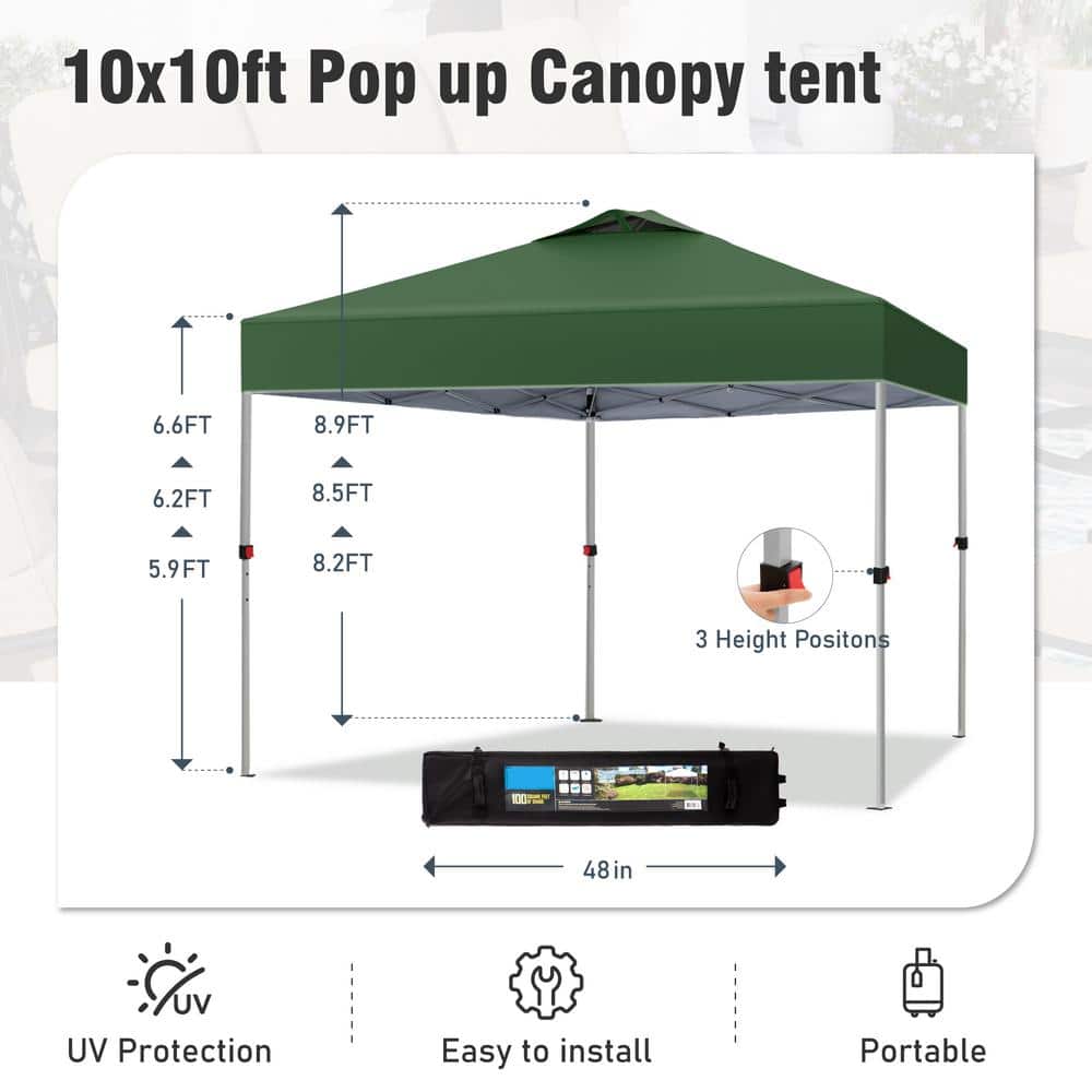 Green 10x10 Pop-Up Canopy Tent with Adjustable Height and Wheeled Bag