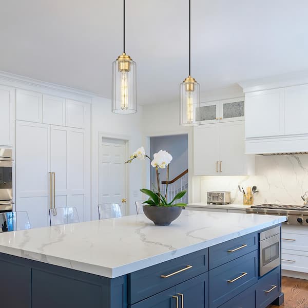 Modern 1-Light Gold Pendant Light with Clear Striped Glass Shade, No Bulbs Included