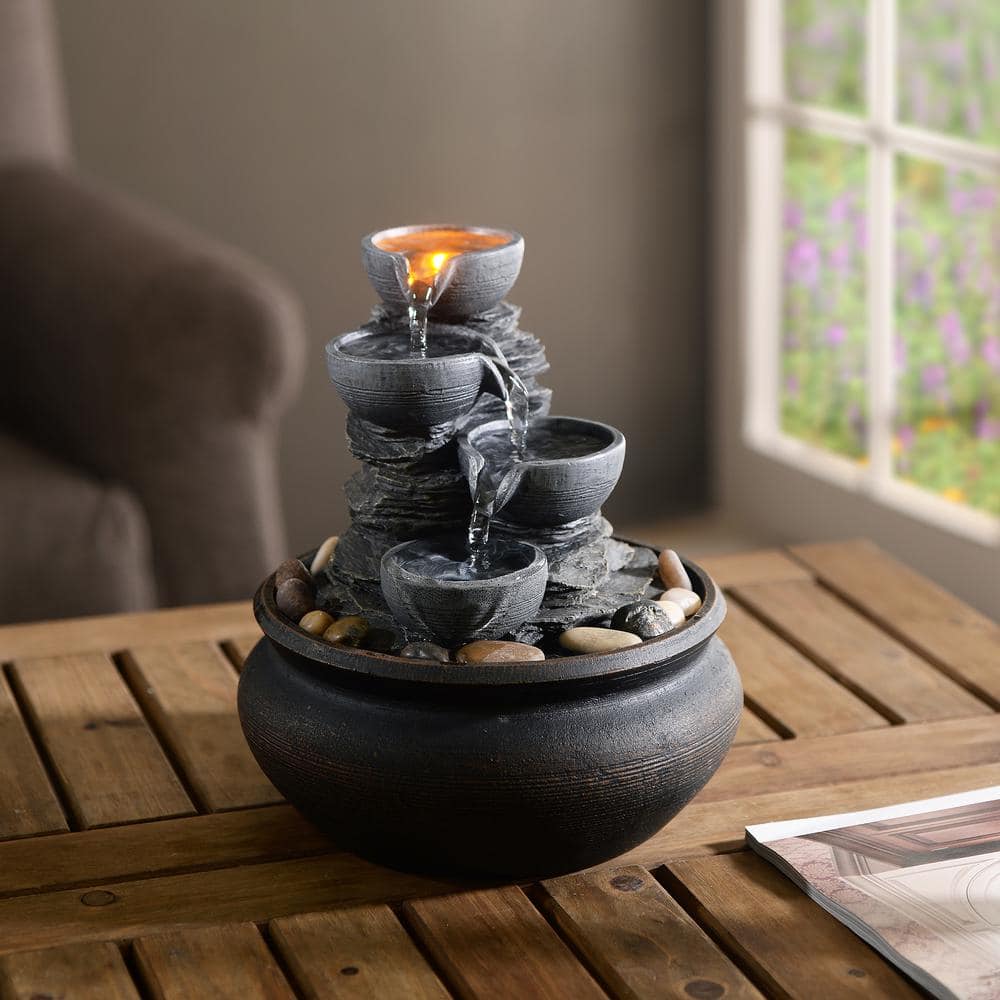 Stone Gray 4-Tier Tabletop Fountain with LED Lights