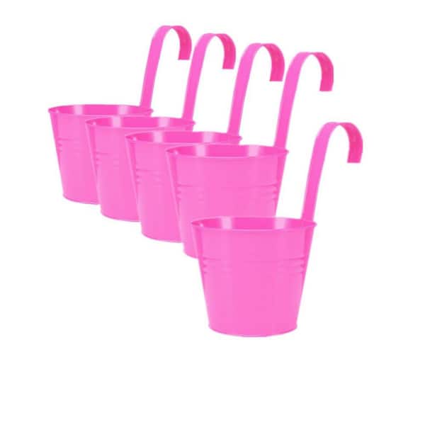 Hanging Flower Pots for Outdoor Indoor Plants with Removable Hooks,5-Pack Metal Buckets Hanging,Drainage Holes,Rose Pink