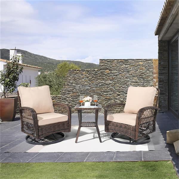 ITOPFOX Brown Gradient 3-Piece Wicker Outdoor Bistro Set with Rattan Rocking Chair, Glass Top Side Table and Thickened Cushions