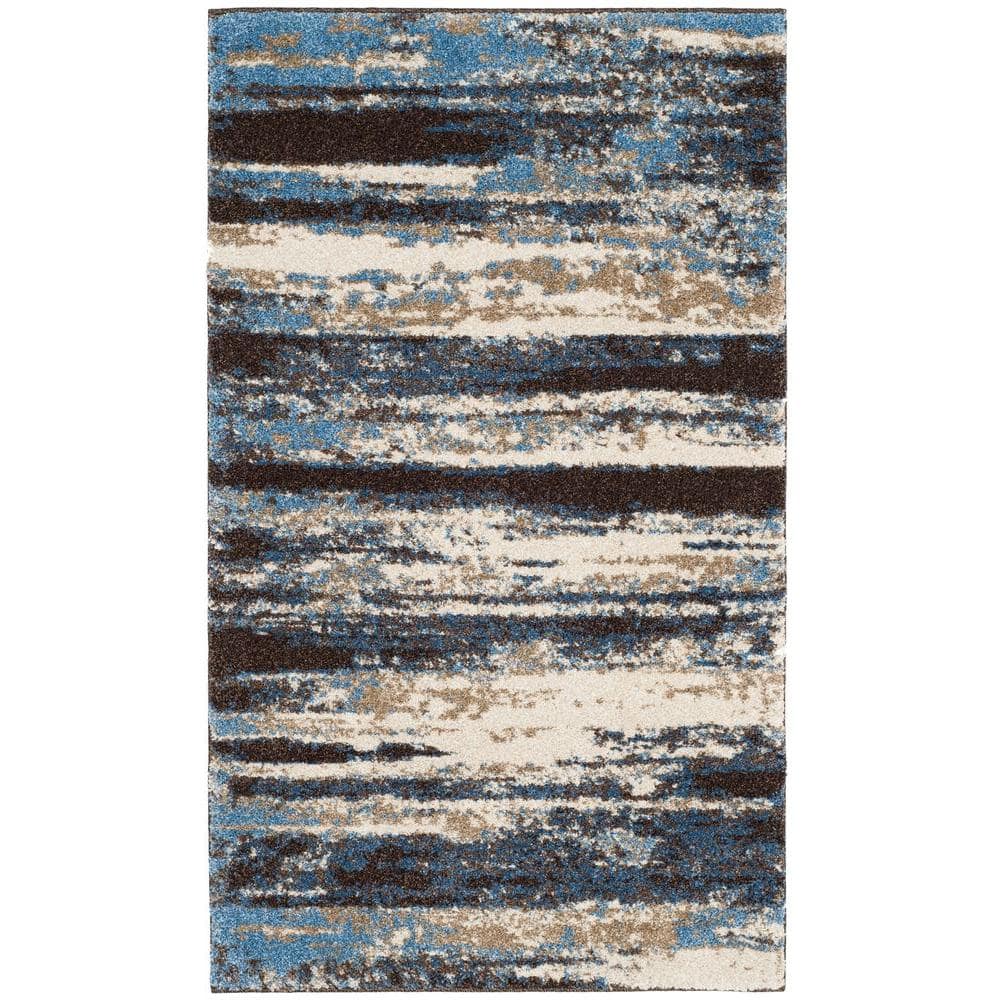 Cream & Blue Abstract Shag Synthetic Area Rug - 3' x 5'