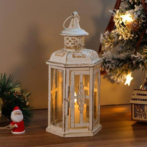 10 in. x 5 in. White Metal Vintage Lantern without Candle