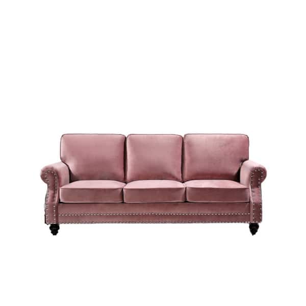 US Pride Furniture Ramos 85 in. W Round Arm 3-Seats Rose Velvet Nailhead Straight Lawson Sofa in Pink