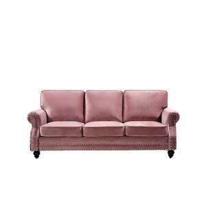 Ramos 85 in. W Round Arm 3-Seats Rose Velvet Nailhead Straight Lawson Sofa in Pink