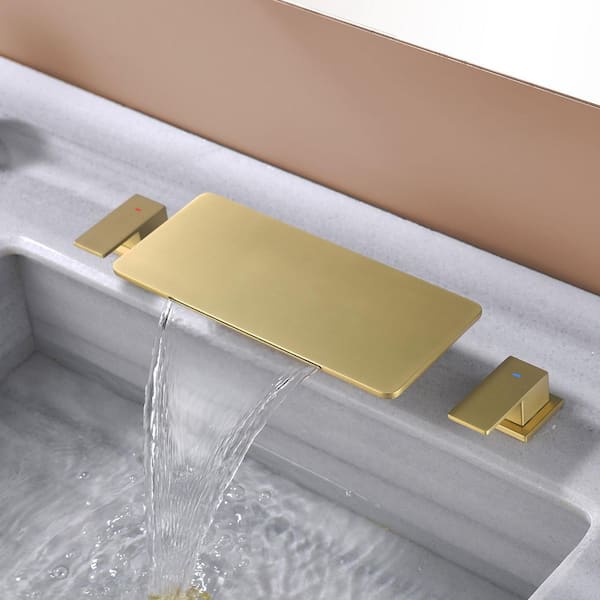 2-Handle Deck-Mount Waterfall Roman Tub Faucet in Brushed Gold