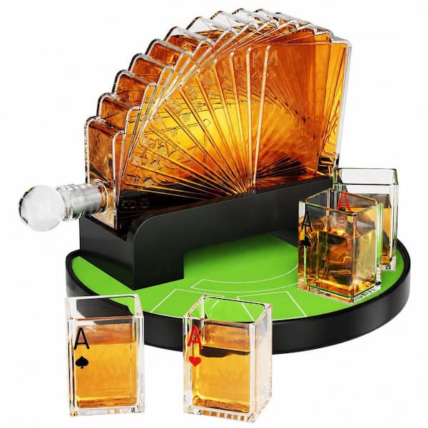 Blackjack Casino Style Whiskey Decanter Set 37.2 oz with 4 Ace Card Shaped Glasses Liquor Dispenser Kit