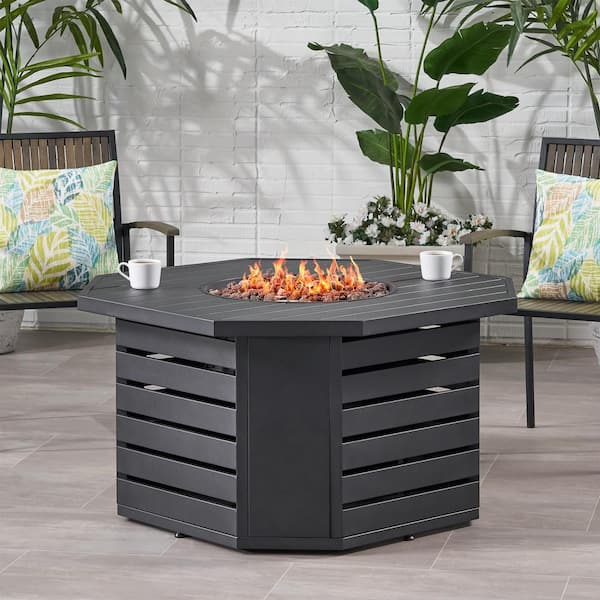 Noble House Rene 45 in. W x 24 in. H Outdoor Patio Iron Gas Burning Matte Black Octagonal Fire Pit