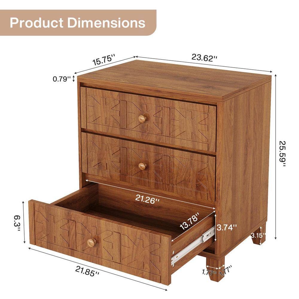 Dimension diagram of a brown 3-drawer nightstand.