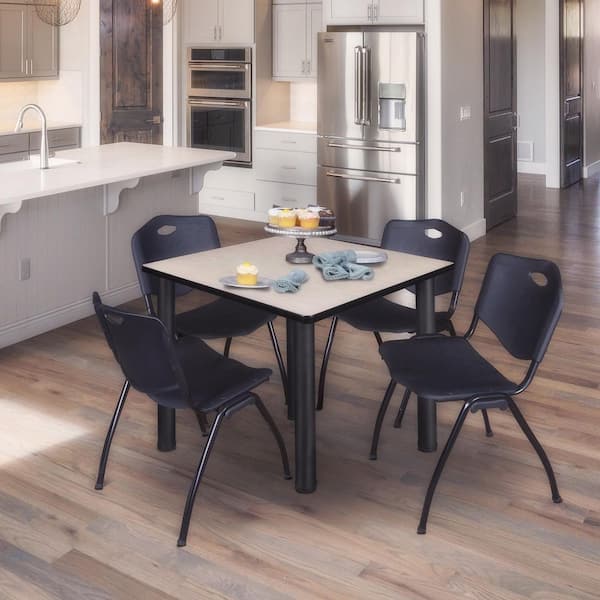Kee 42 in. Maple Top Square Breakroom Table Desk, Black Legs, 4 M Stack Chairs-Black