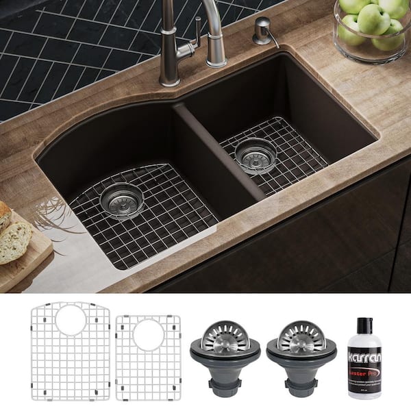 Karran QU-610 Quartz/Granite 32 in. Double Bowl 60/40 Undermount Kitchen Sink in Brown with Bottom Grid and Strainer