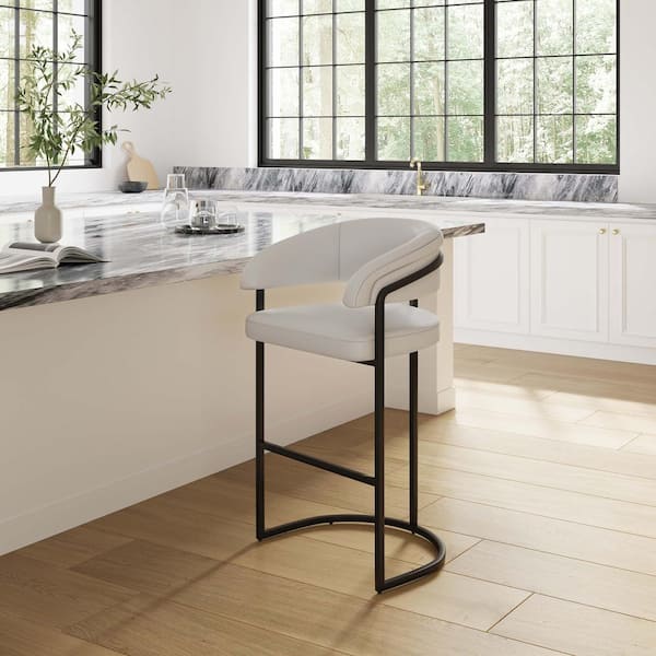 Manhattan Comfort Augusta Modern 29.7 in. Light Gray Metal Bar Stool with Faux Leather Upholstered Seat