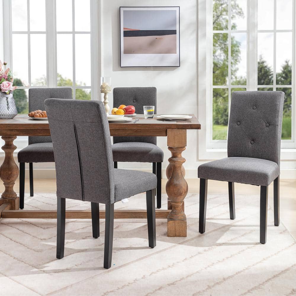 Gray Linen Upholstered Parsons Dining Chairs with High Back and Wood Legs, Set of 4