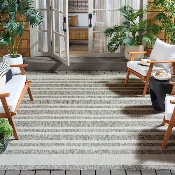 Beach House 9 ft. x 12 ft. Gray/Ivory Striped Distressed Indoor/Outdoor Area Rug