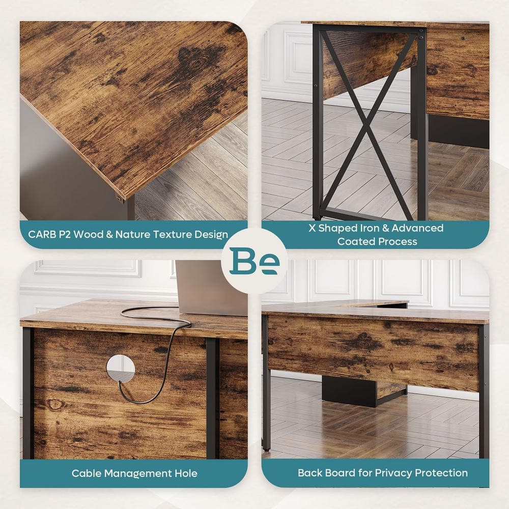 Rustic Brown L-Shaped Adjustable Height Desk with Filing Cabinet