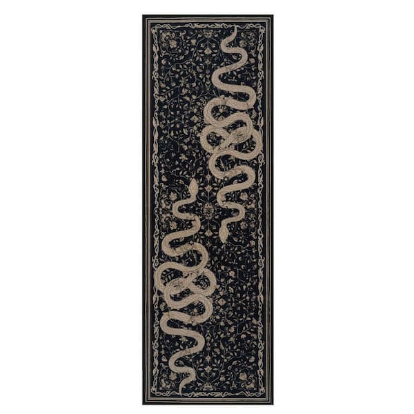Washable Vintage Snake Pattern Non Slip Black Serpent 2 ft. x 6 ft. Living Room/Bedroom Indoor Runner Area Rug