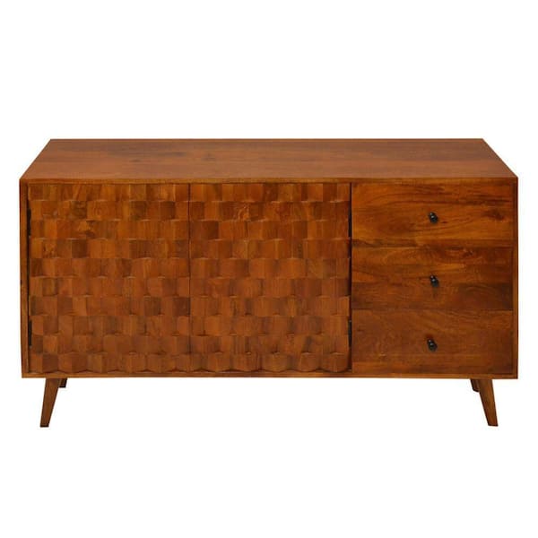 THE URBAN PORT 13 in. Walnut Brown Wooden Honeycomb Design TV Console with 3-Drawers and 2-Door