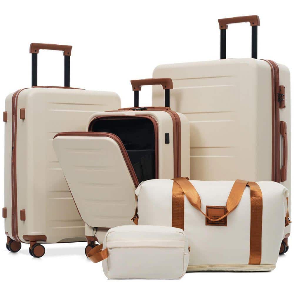 INNOBULE 5 Pcs Luggage Set Brown+White ABS Plastic Hardside w