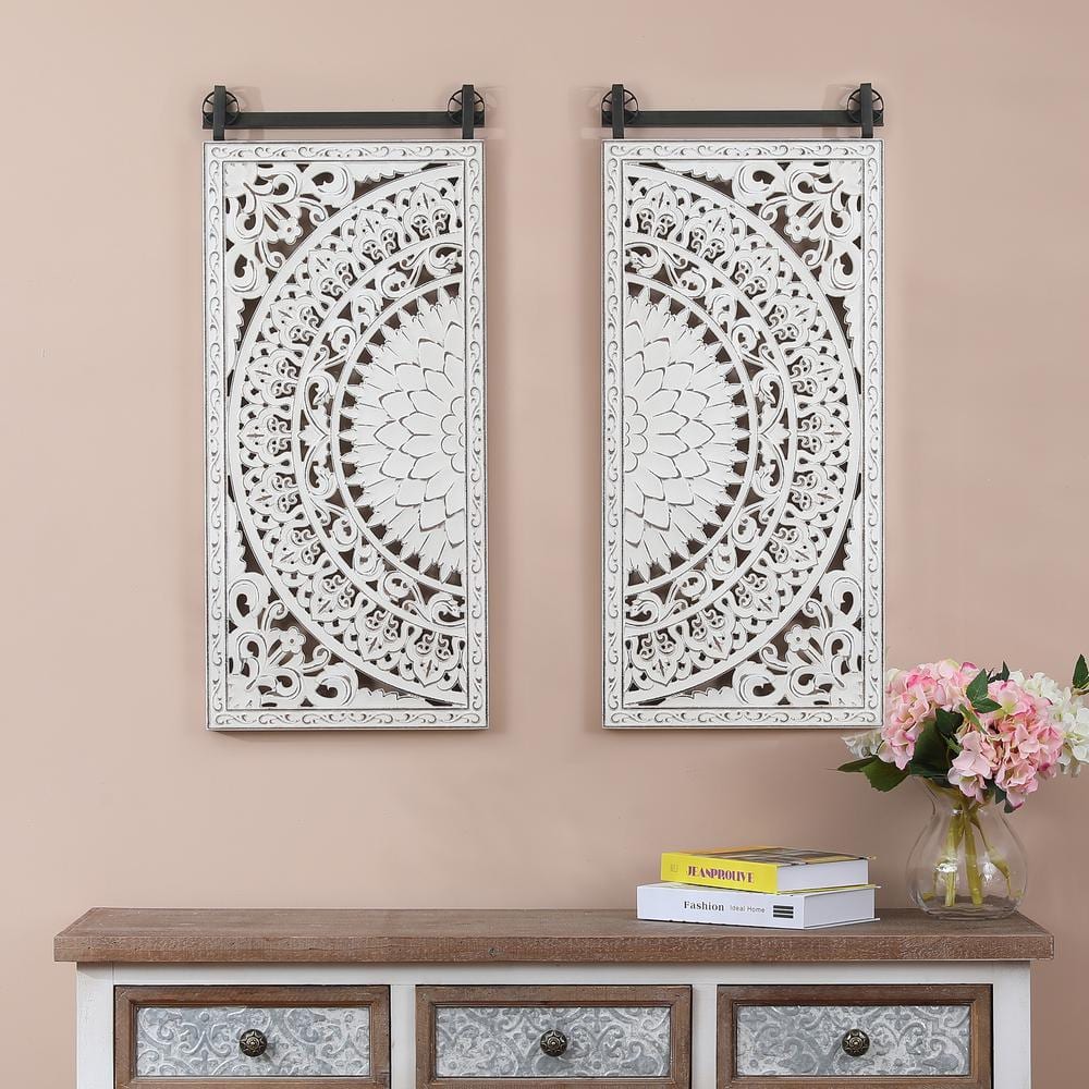 Distressed Ivory White Wood Floral Wall Art Set with Iron Bar