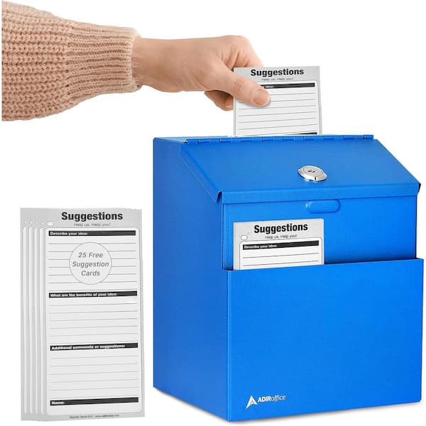 AdirOffice Wall Mountable Steel Locking Suggestion Secure Drop Box, Blue with Comment Cards