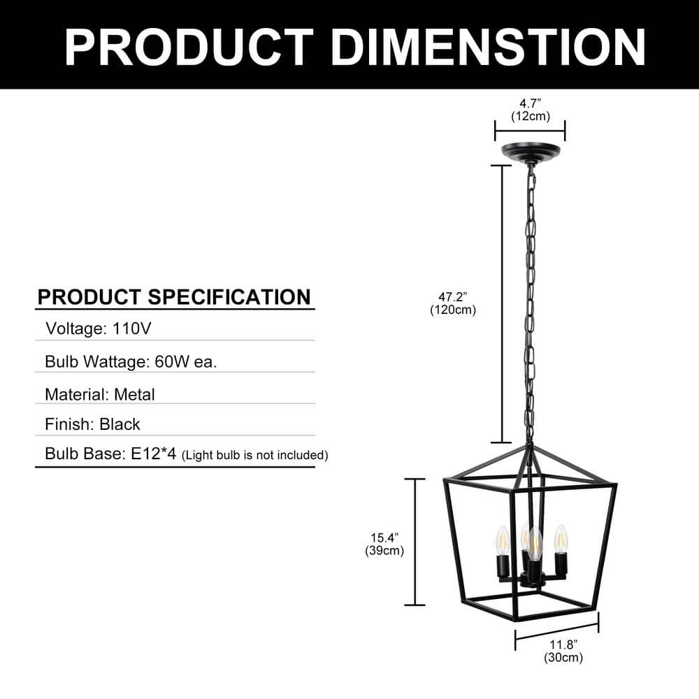 Black Metal Geometric Lantern Pendant Light with Chain